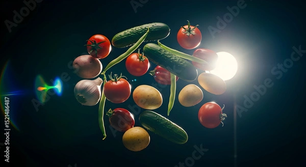 Fototapeta Fresh Vegetables In Dynamic Arrangement Against Dark Backdrop With Dramatic Lighting