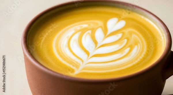 Fototapeta Artistic Coffee With Leaf Pattern And Smooth Creamy Texture Closeup View