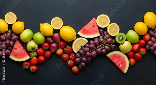 Fototapeta Colorful Fresh Fruits Assortment Placed In Wavy Line On Black Surface