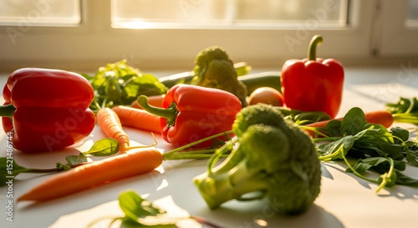 Fototapeta Fresh Harvest: Vivid Display of Raw Vegetables Illuminated by Natural Sunlight