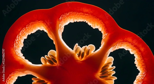 Fototapeta Striking Cross Section Of Fresh Red Bell Pepper Against A Dark Backdrop