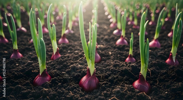 Fototapeta Rows Of Onions Sprouting In Rich Soil Under Sunlight At Agriculture Field