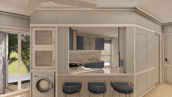 Fototapeta Modern utility area with washer and open kitchen counter in an elegant residential Interior
