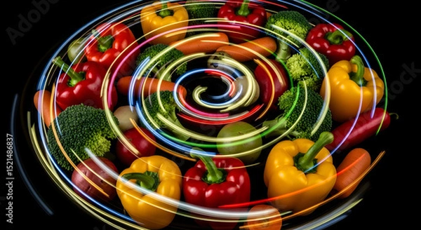 Fototapeta Fresh Produce With Vibrant Light Trails For A Modern Culinary Concept