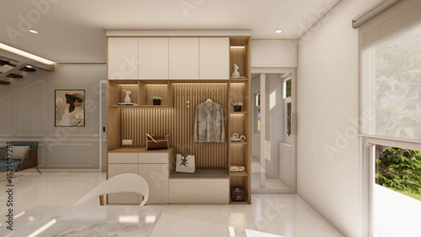 Fototapeta Stylish foyer with multi functional shoe cabinet display shelves and a seating