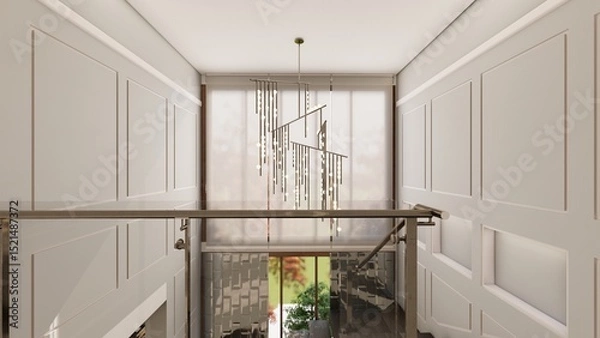 Fototapeta Vintage style staircase landing with wainscoting walls modern pendant chandelier and large window