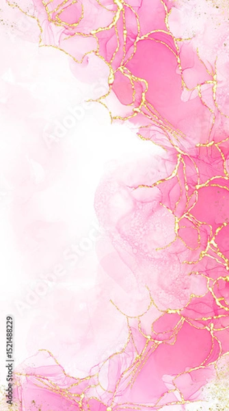 Fototapeta Pink alcohol ink mixed with glitter gold pattern elegant abstract ink flow art with translucent background.