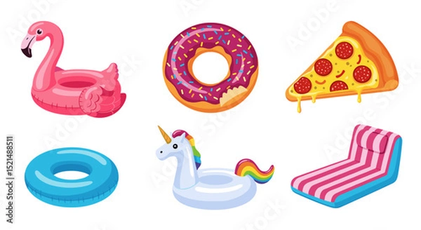 Obraz Illustration of six inflatable pool floats including flamingo donut pizza and unicorn shapes isolated