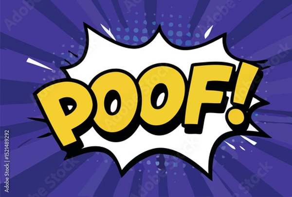 Obraz Comic style poof text on purple burst background for pop art design vector illustration