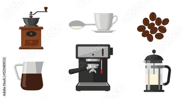 Obraz Illustration of various coffee preparation methods and tools arranged on a white background