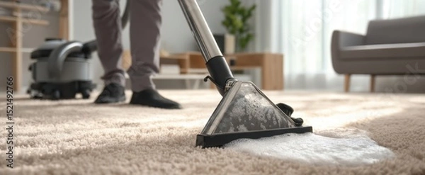 Fototapeta The vacuum cleaner deep cleaning a carpet in a stylish home environment.