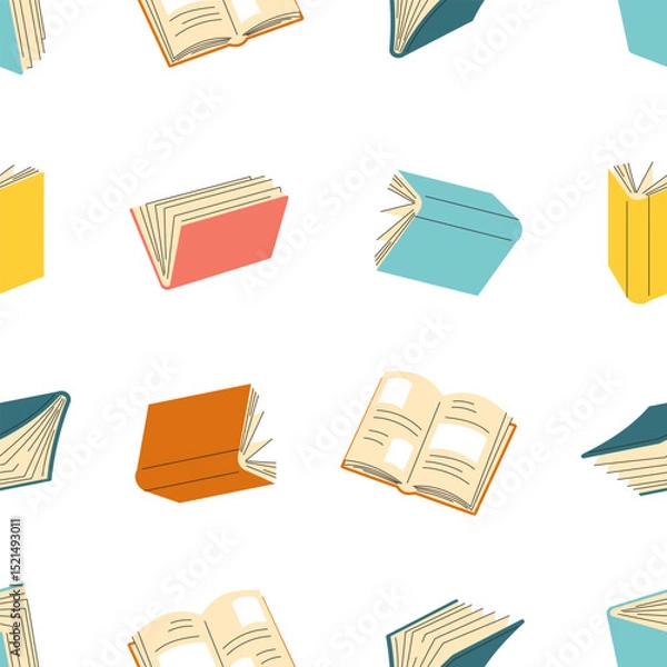 Obraz  Seamless pattern of books. Cute hand drawn different stacks and piles of books, open and closed books isolated on white background.