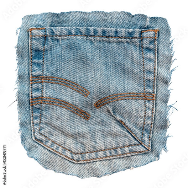 Fototapeta Piece of torn denim on a white background. Denim texture. Pocket