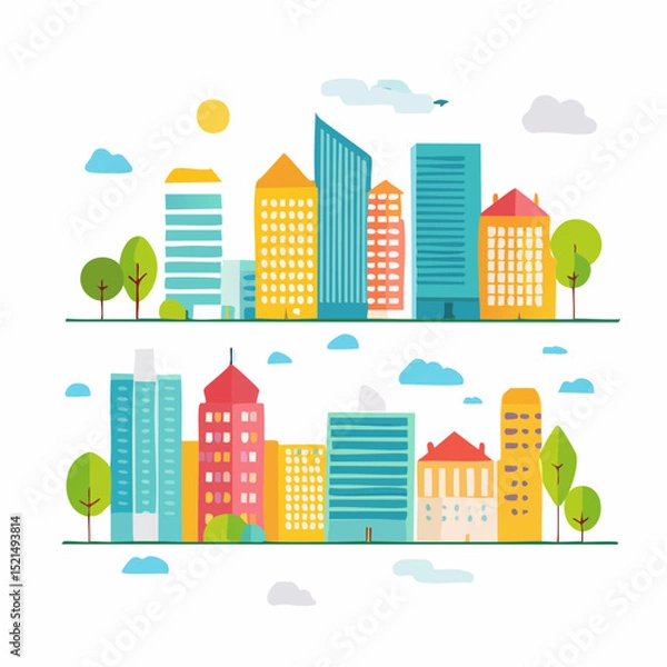 Obraz Vector set of illustration in simple minimal geometric flat style - city landscape elements - buildings and trees - city constructor for background for header images for websites, banners