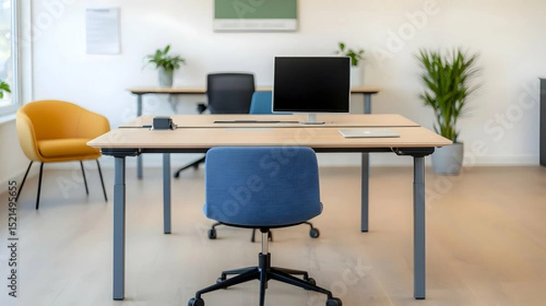 Fototapeta Modern Minimalist Office Workspace With Light Wood Desk And Blue Chairs