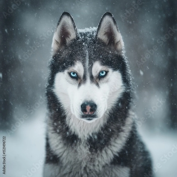 Fototapeta Majestic Siberian Husky in Snowy Forest with Striking Blue Eyes