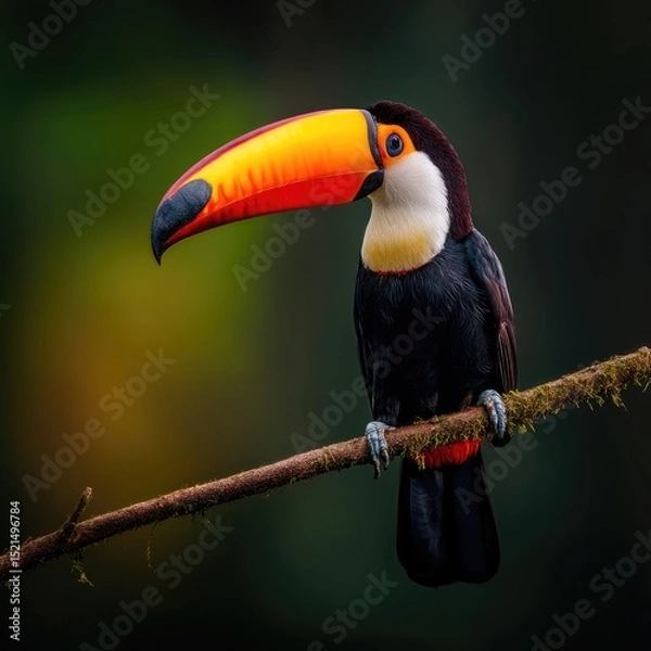 Fototapeta Vibrant Toucan Perched on Branch in Lush Green Forest Setting
