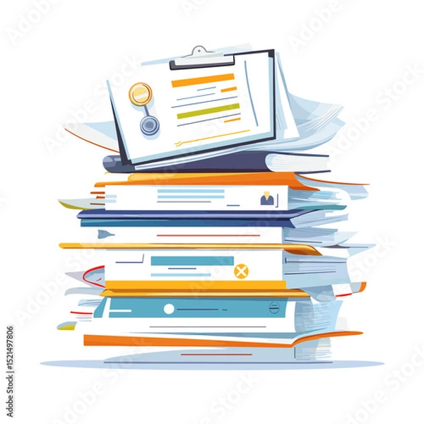 Fototapeta Pile of Paperwork Documents Stacked in White and Blue Illustration Style
