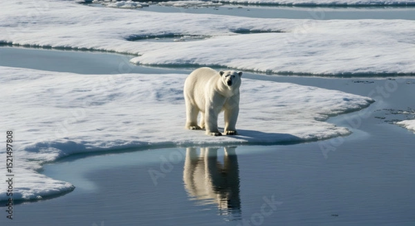 Fototapeta Vulnerable Polar Bear Standing on Thin Ice During Sunny Arctic Summer