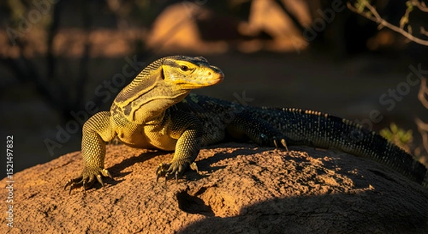 Fototapeta Alert Yellow Spotted Monitor Perched on Rock Facing Left Sunlight