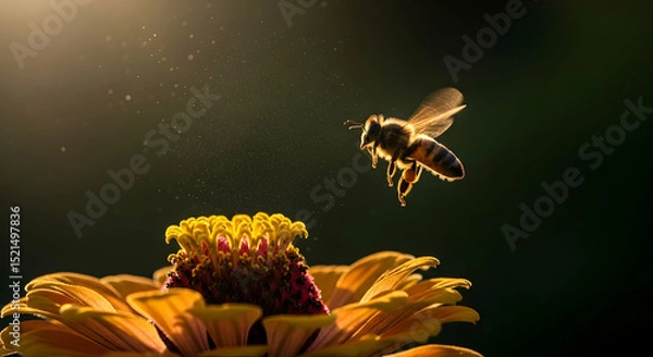 Fototapeta Golden Hour Bee Approaching Zinnia For Nectar Gathering