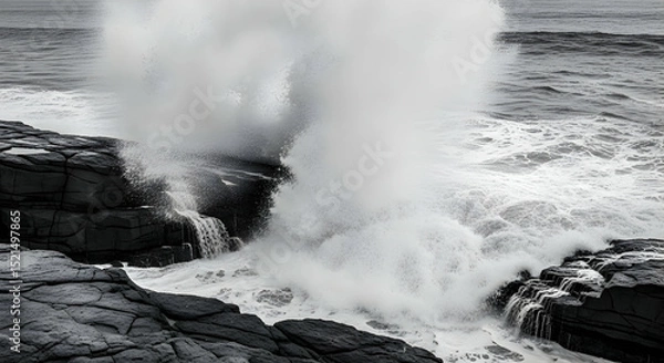 Obraz Coastal Fury Wave Crashes Against Rocks In Dramatic Black And White Scene