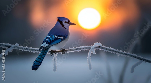 Fototapeta Blue Jay Perched on Frosty Branch During Golden Hour In Winter