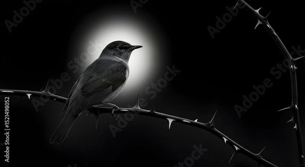 Fototapeta Small Bird Perched On Thorny Branch Against A Bright Light In Monochrome