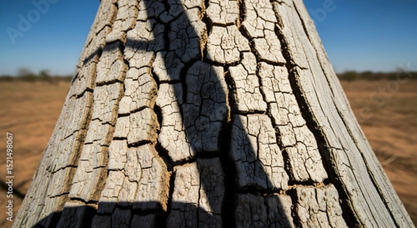 Fototapeta Striking Texture of Tree Bark With Shadow Over Desolate Landscape Backdrop