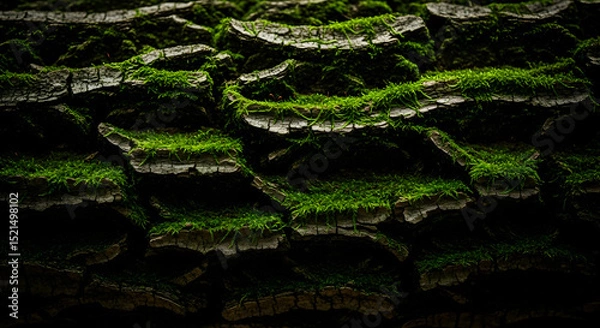Fototapeta Green Moss Adhering to Textured Tree Bark on a Woodland Floor