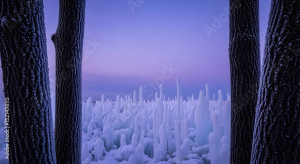 Obraz Frozen Landscape Through Winter Trees With Magical Blue Hour Atmosphere