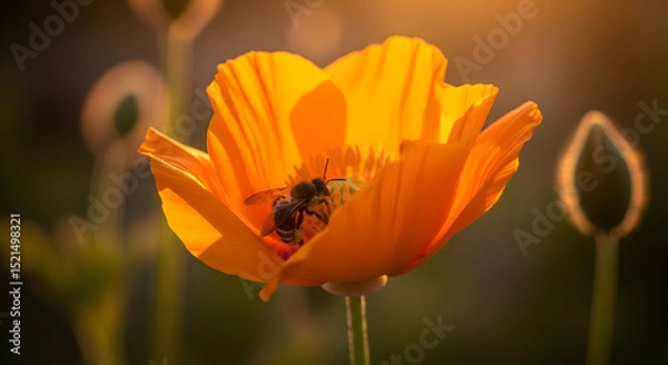 Obraz Golden Poppy With Bee Collecting Nectar During Warm Sunny Day