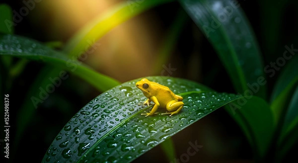 Fototapeta Vibrant Yellow Frog Sits Comfortably on a Dewy Green Leaf in the Rainforest