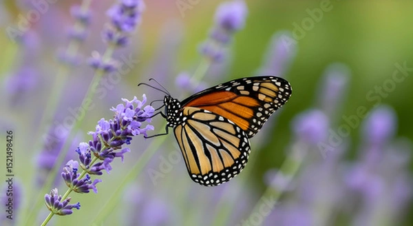 Obraz Monarch Butterfly Enjoying Nectar on Lavender Bloom in Serene Garden Scene