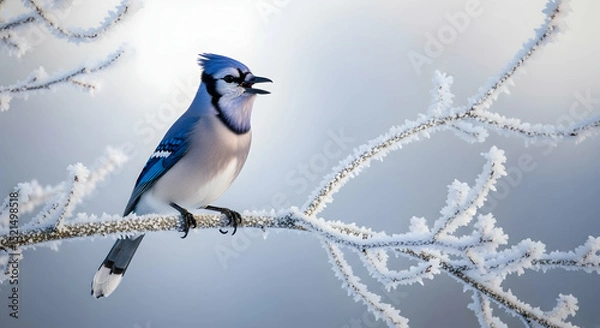 Fototapeta A Blue Jay Sits On The Frosty Branch With An Open Beak