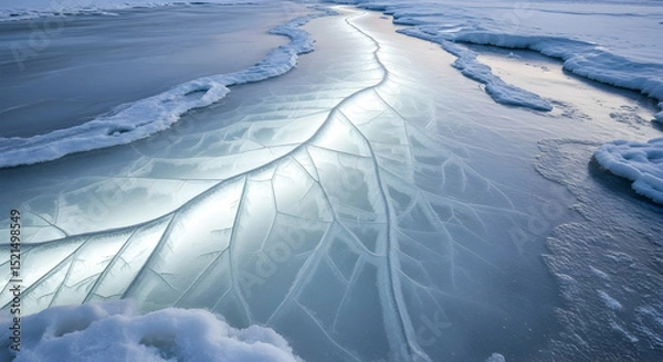 Fototapeta Fractured Ice Creates Striking Patterns Across a Frozen Landscape in Winter