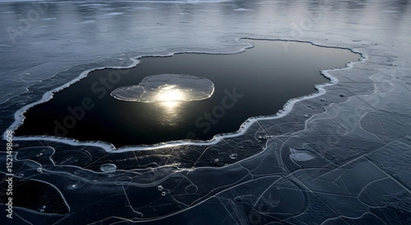 Fototapeta Melting Ice Creates an Abstract Landscape with Sunlight Reflection on Lake Surface
