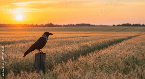 Obraz Hooded Crow Perched on Wooden Post in Golden Wheat Field at Sunrise