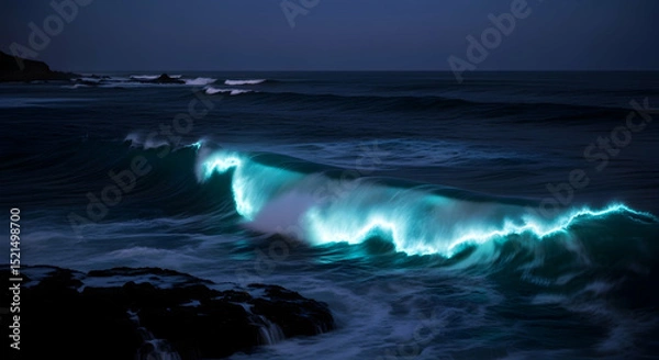 Obraz Bioluminescent Waves Crash Against a Rocky Coastline at Night