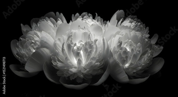 Fototapeta Ethereal Peonies Bloom In Monochrome Contrast Against A Deep Black Backdrop