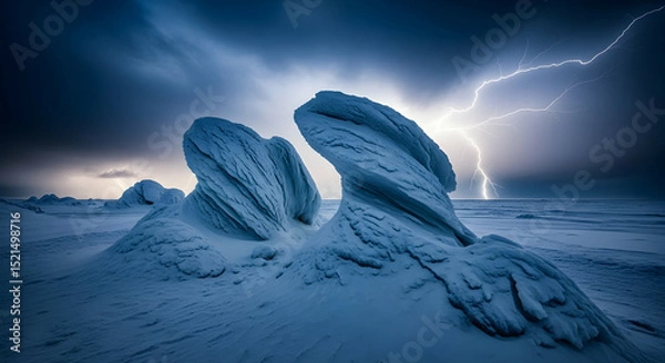 Obraz Frozen Peaks Under Striking Lightning During a Winter Stormy Night