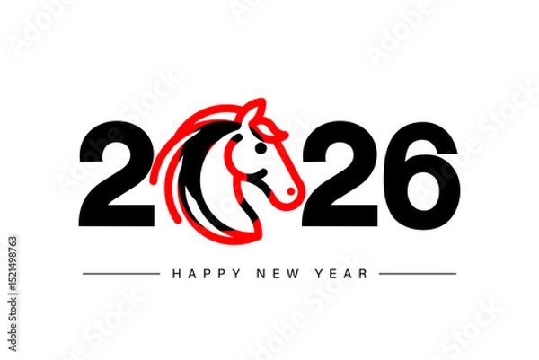 Fototapeta Happy New Year 2026. Red fire horse symbol of the new year 2026 according to the Chinese calendar. Vector new year design for a postcard or poster
