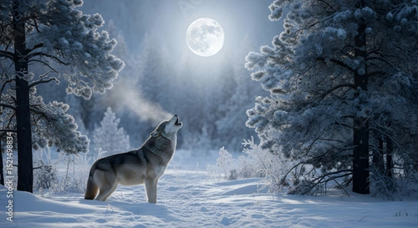 Obraz Wolf Howling at Moon in Snowy Winter Forest Scene