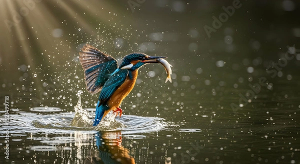 Fototapeta Majestic Kingfisher Emerges From Water With Catch Under Sunlit Skies