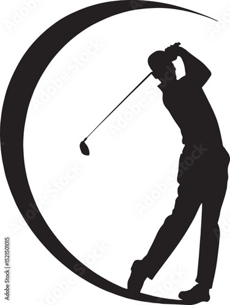 Fototapeta Vector silhouette of a golfer swinging inside a crescent shape. The design combines sporty elegance with a modern moon-inspired curve, ideal for logos, sportswear, or golf-themed branding.