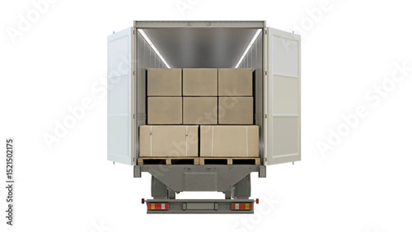 Fototapeta Back view of a container truck loaded with box parcel goods. Isolated on transparent background. 3D illustration.