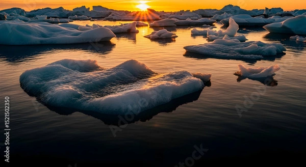 Fototapeta Golden Hour Glacial Lagoon Scenery With Icebergs At Dusk