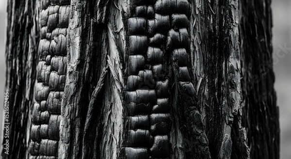 Fototapeta Abstract Black And White Image Of A Heavily Burnt Tree Trunk
