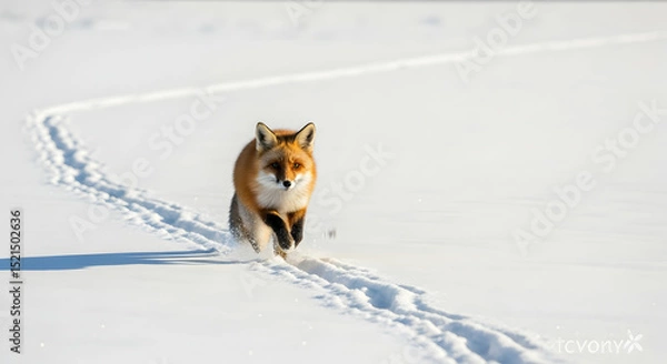 Obraz Fox Trotting Through Snowy Expanse Leaving Trail Of Footprints