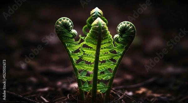 Fototapeta Emerging Fern Fronds Unfurl in Woodland Setting, Nature's Spring Awakening